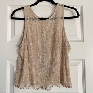 Tan Chho Vintage Silk Fully Beaded Blush Pink Sheer Sleeveless Blouse Size XL